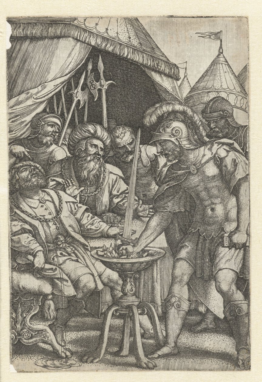 Mucius Scaevola jobb kezét teszi a tűzbe Roman Heroes (sorozat címe) alkotó: Georg Pencz