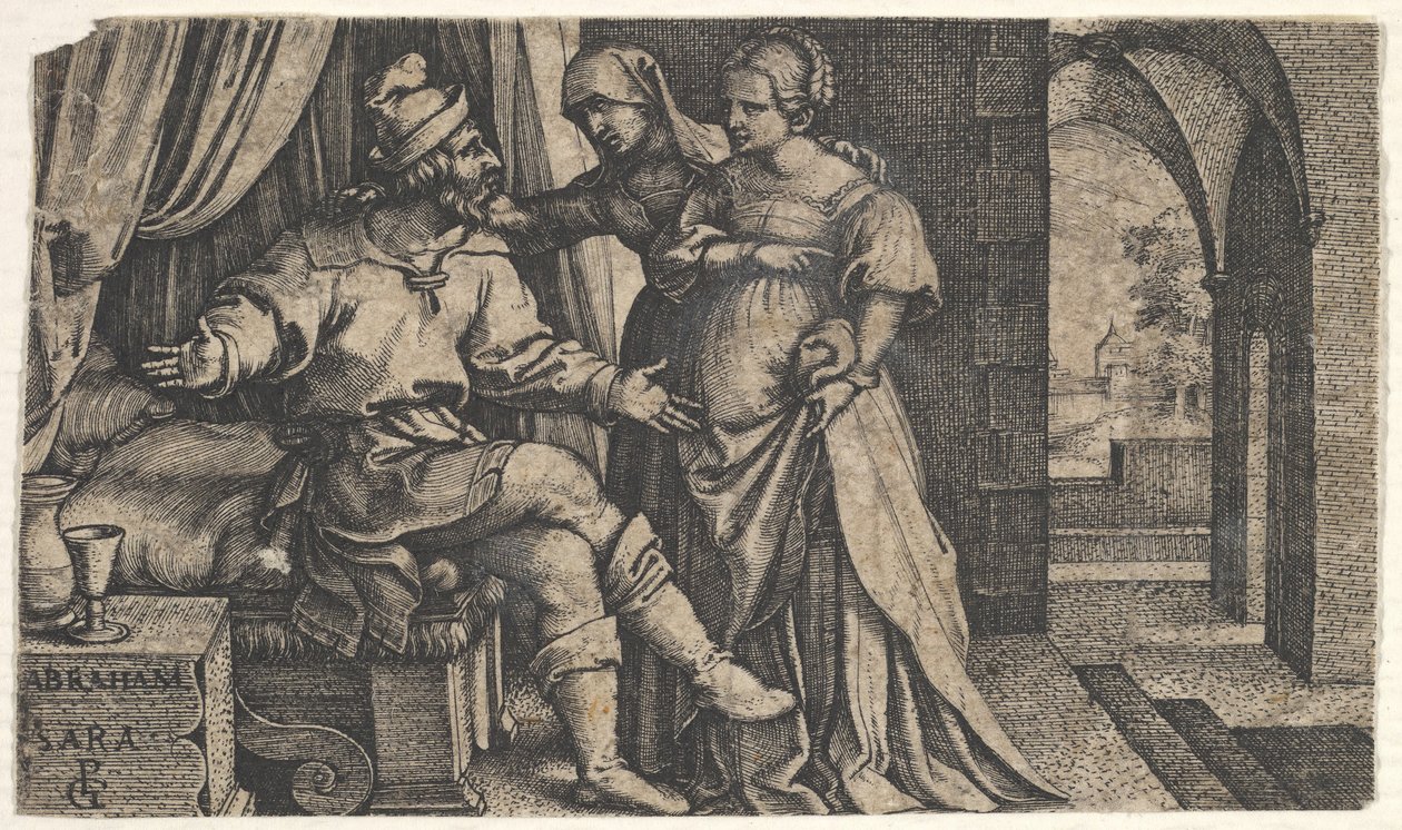 Sarah bemutatja Hágart Ábrahámnak, aki az ágy lábánál ül, a The... sorozatból, kb. 1543. alkotó: Georg Pencz