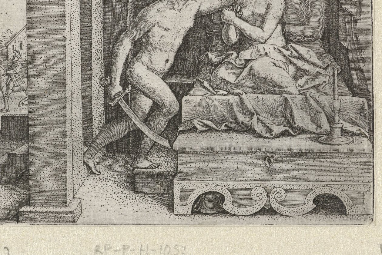 Sextus karddal fenyegetve erőszakolja meg Lucretiát Történetek a kora római történelemből (sorozat címe) alkotó: Georg Pencz