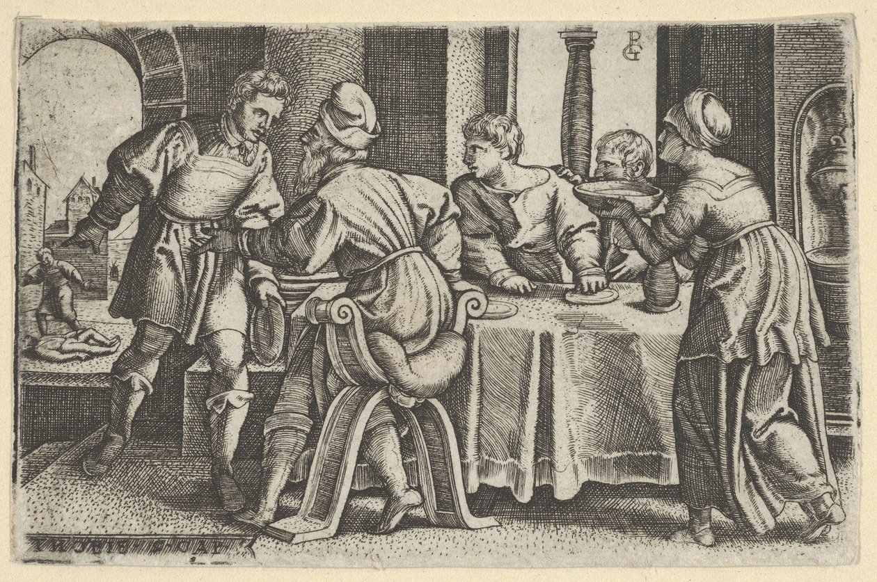 Tóbiás elhagyja az asztalt, Tóbiás története, 1543-ból. alkotó: Georg Pencz
