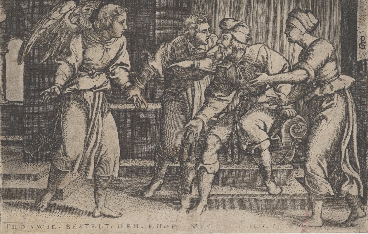 Tóbiás és Rafael arkangyal, Tóbiás története, 1543-ból. alkotó: Georg Pencz