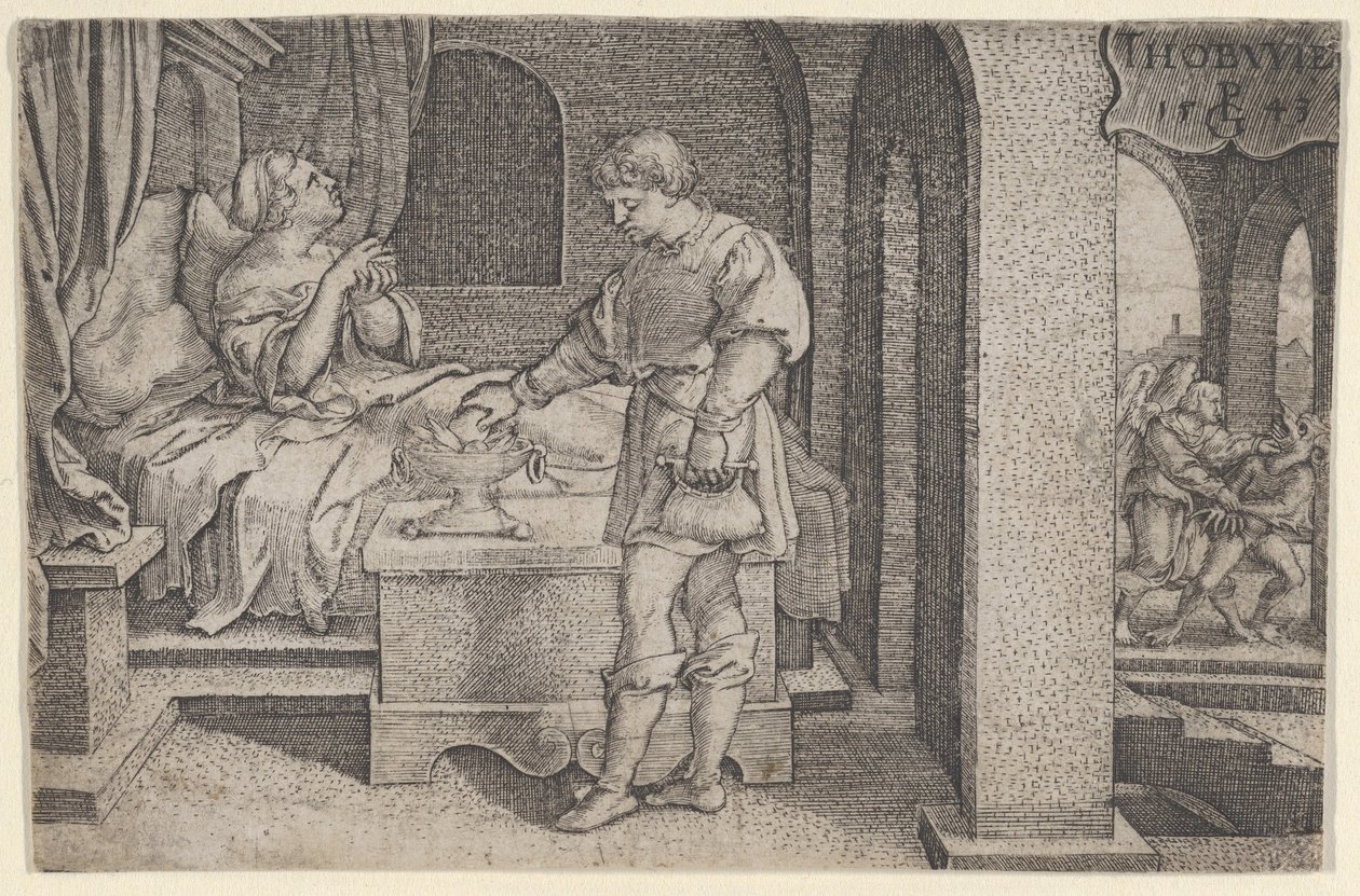 Tobiolus engesztelő áldozatot hoz, Tóbiás történetéből, 1543. alkotó: Georg Pencz