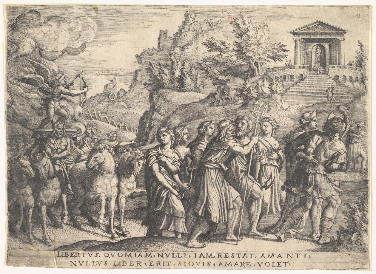 A szerelem diadala: négy ló hintót húz Ámorral a füstölgő platón..., kb. 1539. alkotó: Georg Pencz