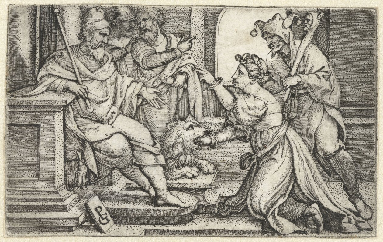 A nő eskü alatt kijelenti ártatlanságát Az Igazság Szája Bocca della Verita alkotó: Georg Pencz