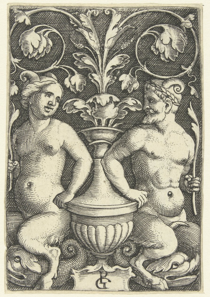 Női és férfi szatír Felületi dekorációk groteszkekkel és levélszőlővel (sorozat címe) alkotó: Georg Pencz