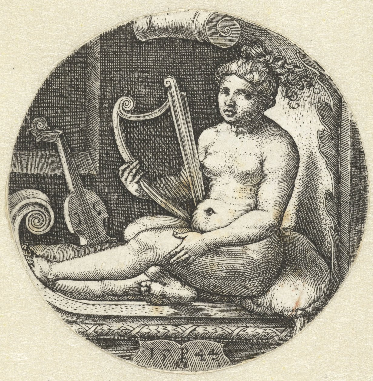 Ülő meztelen nő hárfával hárfás alkotó: Georg Pencz
