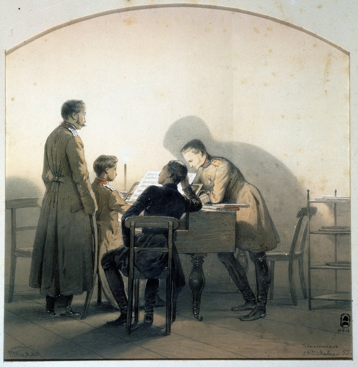 A zongoránál (At the piano). Orosz katonák zongoráztak a krími háború alatt. George Wilhelm Timm (1820-1895) festménye. Akvarell és ceruza papírra, 20,8 x 20,1 cm alkotó: Georg Wilhelm Timm