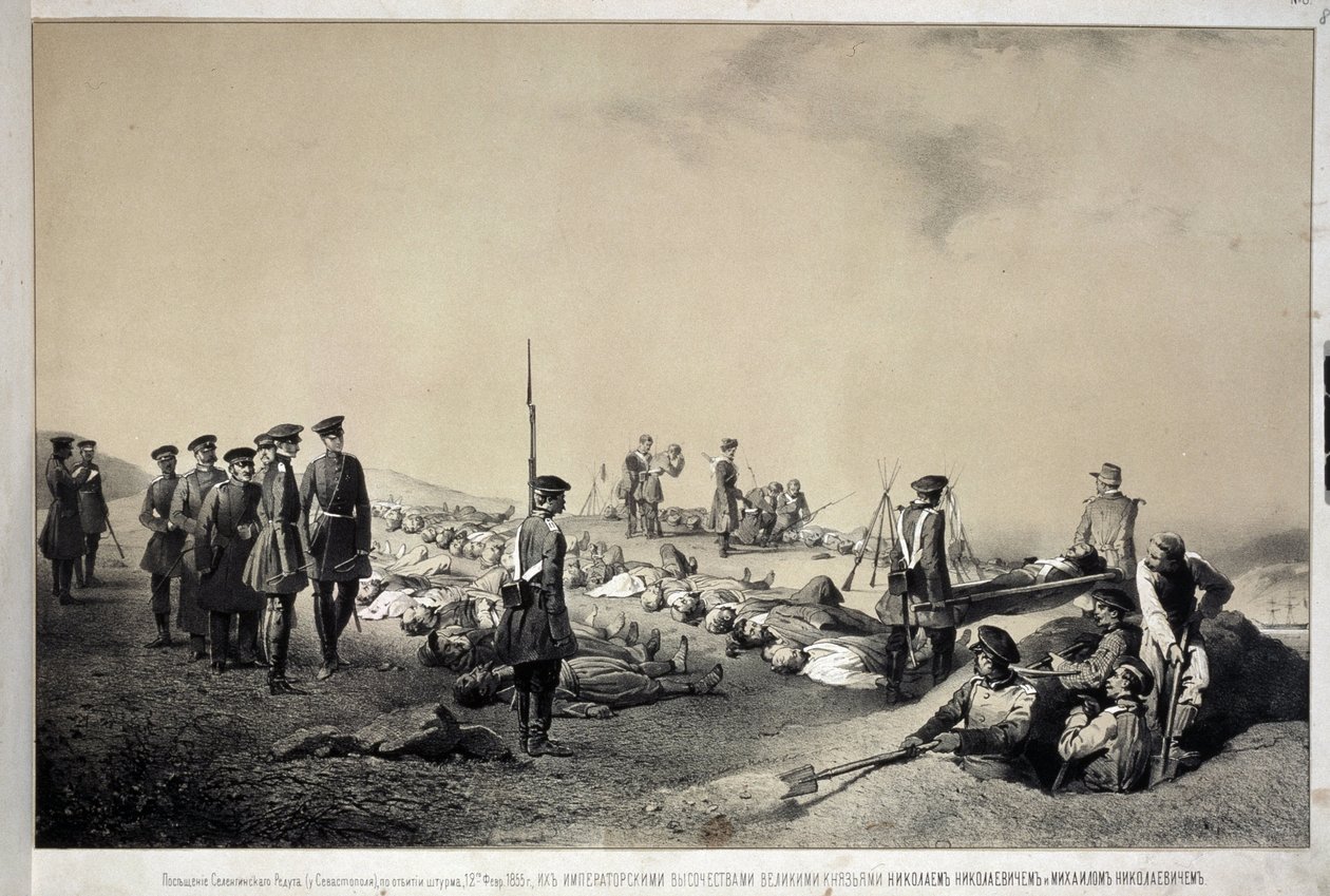 Nyikolaj Nyikolajevics és Mikael Nyikolajevics nagyhercegek az 1855. február 12-i támadást követően meglátogatják az átépítést (litográfia) alkotó: Georg Wilhelm Timm
