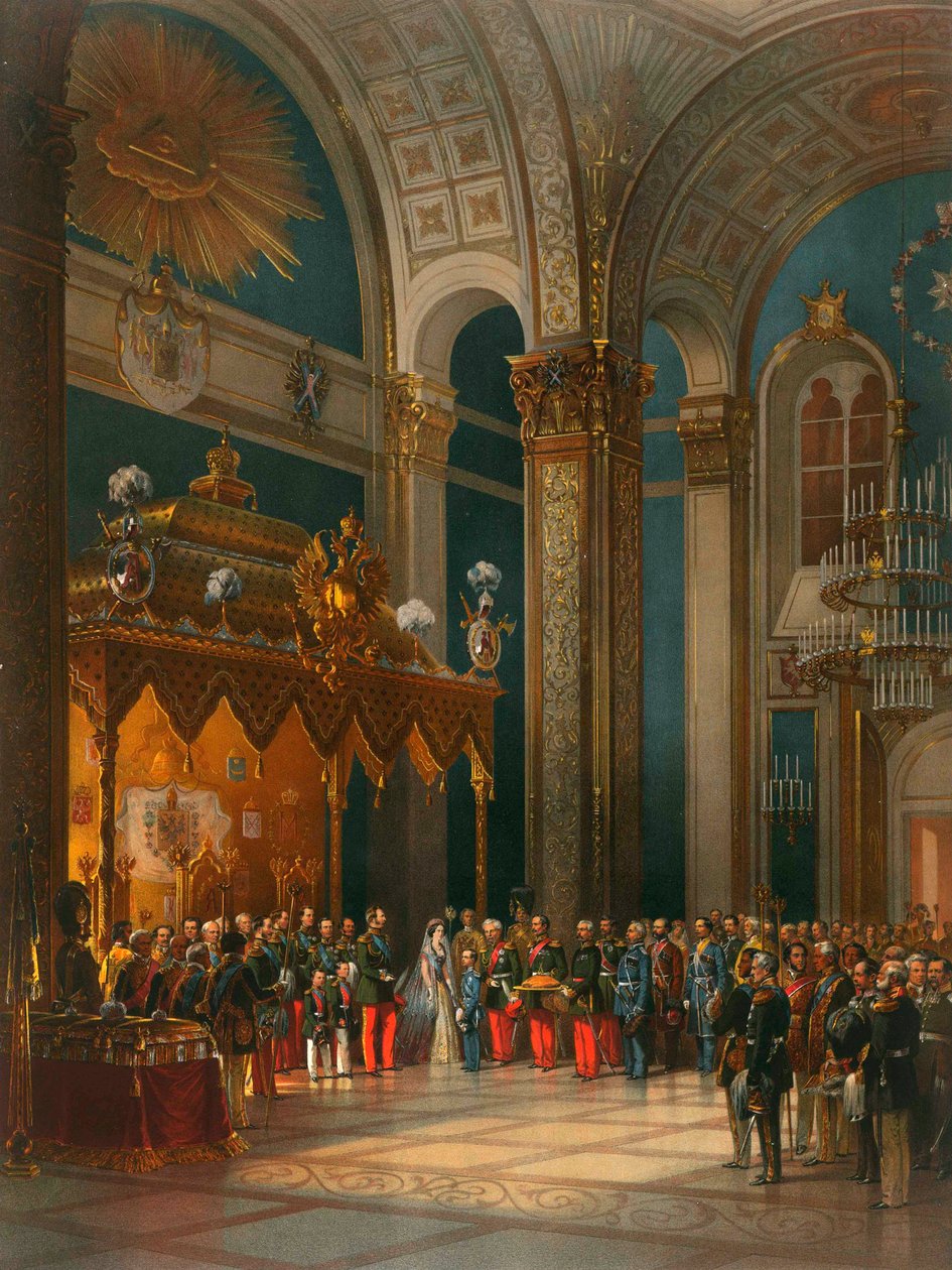 Kozák tisztek tisztelete a trónteremben, II. Sándor cár megkoronázása, Moszkva, 1856. alkotó: Georg Wilhelm Timm