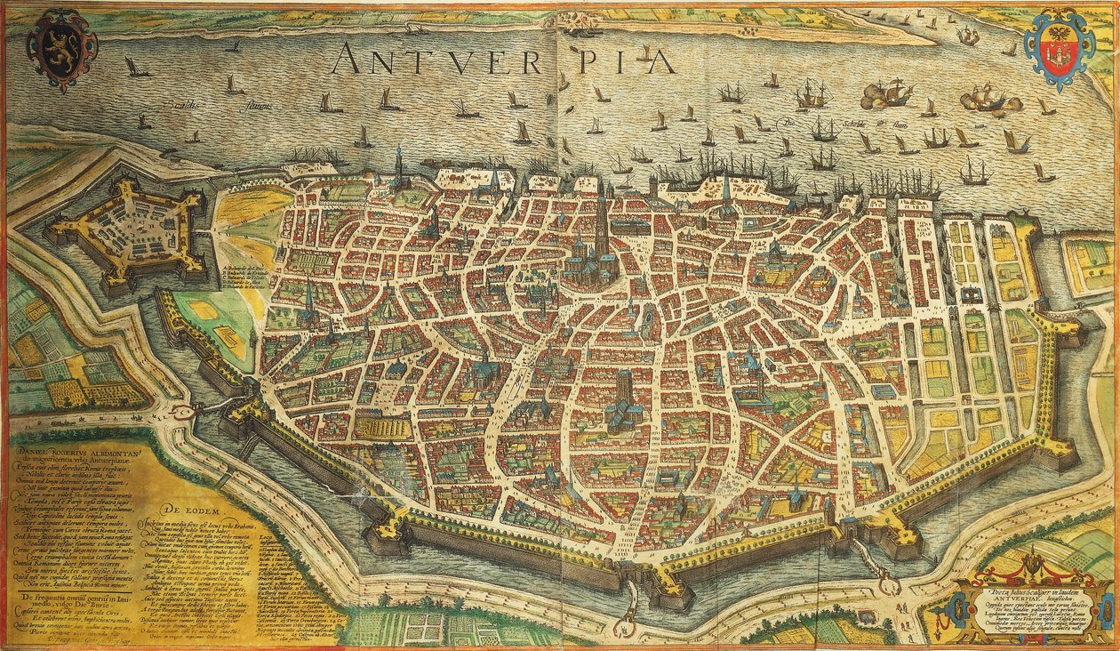 Belgium, Antwerpen, Georg Braun és Franz Hogenberg, a Cities of the World, színes metszet alkotó: Georg Braun and Hogenberg Franz