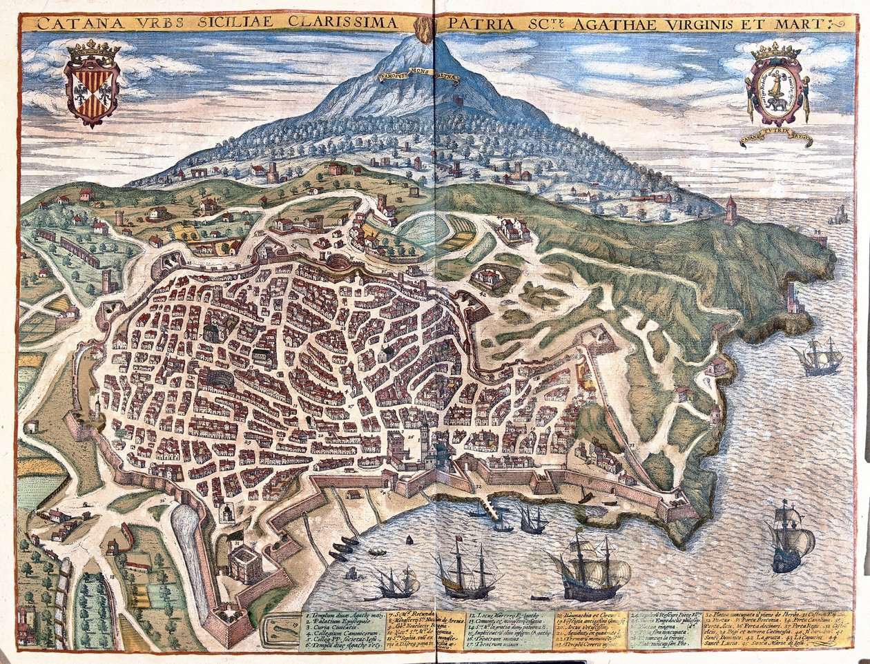 Catania, az Etnával a háttérben, Szicília, Olaszország (metszet alkotó: Georg Braun and Hogenberg Franz
