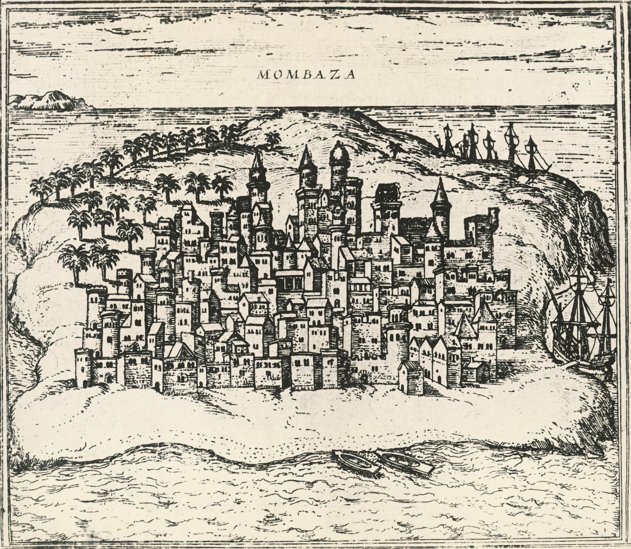 Mombasa városa Kenyában, metszet a Világbanktól alkotó: Georg Braun and Hogenberg Franz