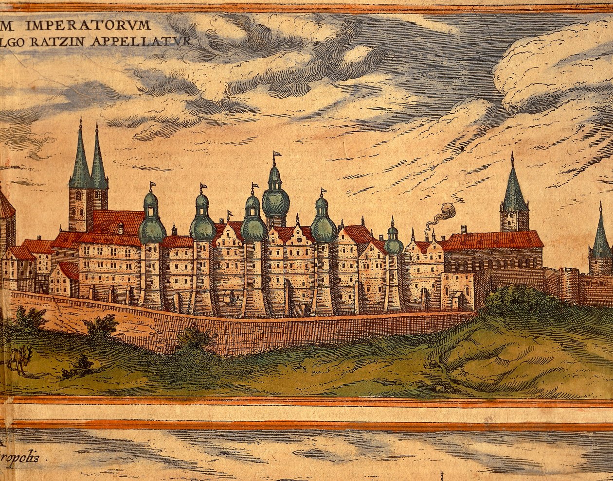 Csehország, Prága, kilátás a palotára, Georg Braun (1541-1622) és Franz Hogenberg (1535-1590) színes metszet a Civitates Orbis Terrarumból alkotó: Georg Braun and Hogenberg Franz
