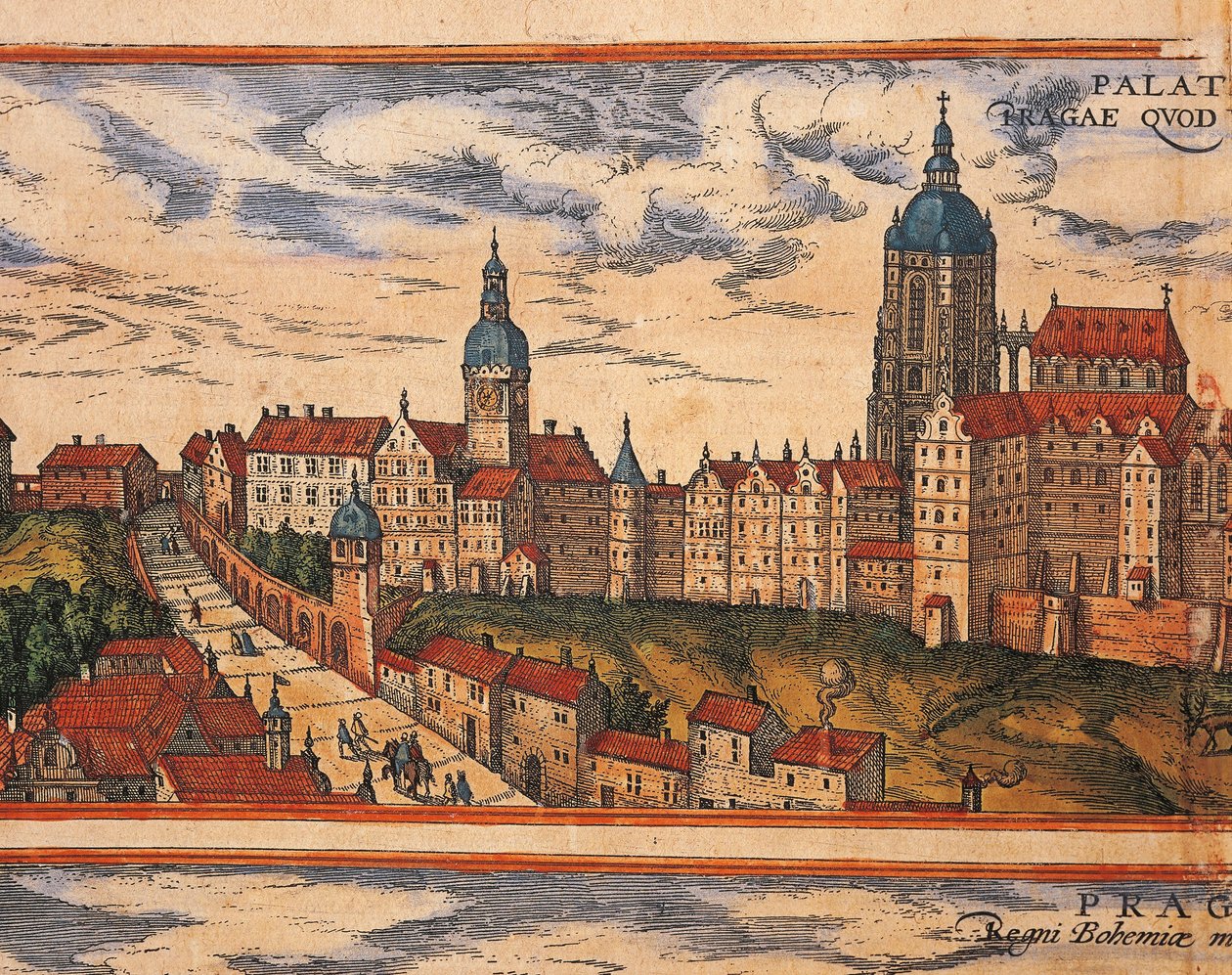Csehország, Prága, Kilátás a fellegvárra, Georg Braun (1541-1622) és Franz Hogenberg (1535-1590) színes metszet a Civitates Orbis Terrarumból alkotó: Georg Braun and Hogenberg Franz