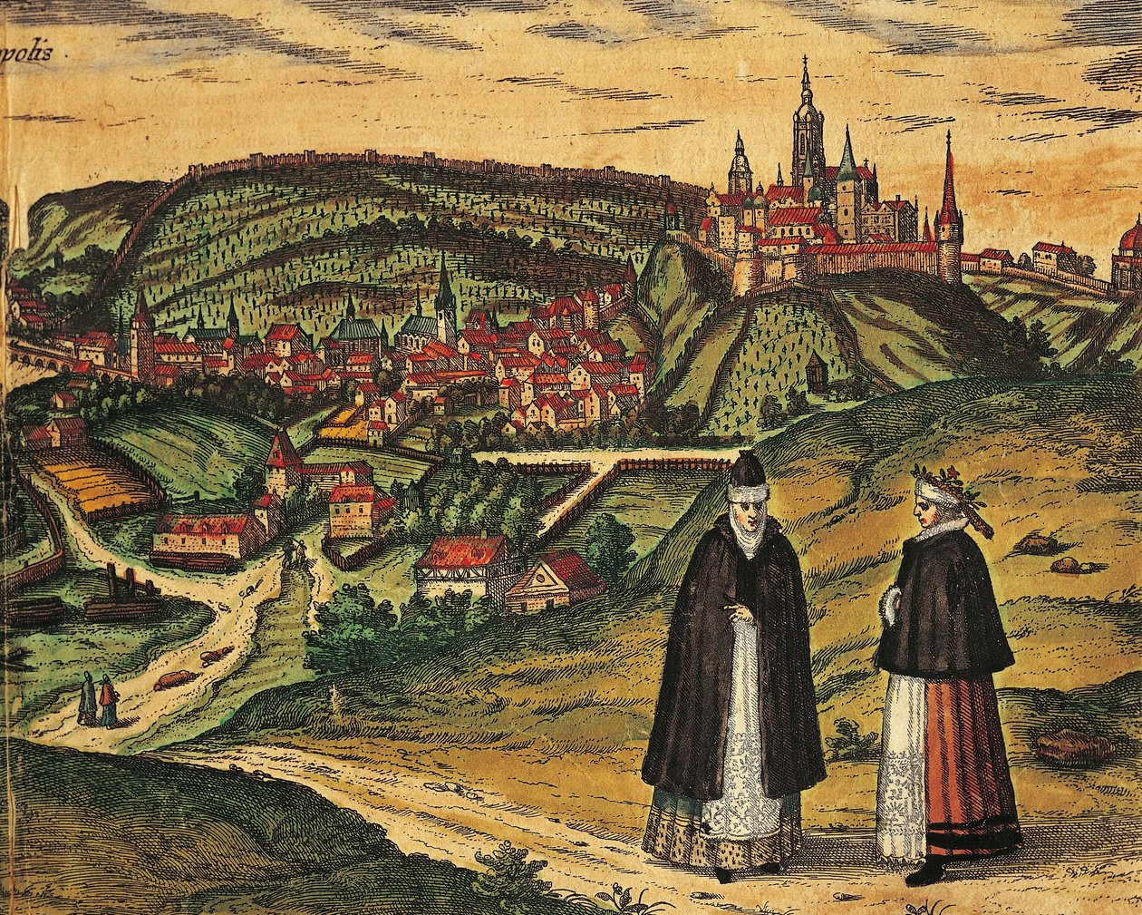 Csehország, Prága, kilátás a városra, a háttérben a fellegvárral, Georg Braun (1541-1622) és Franz Hogenberg (1535-1590) színes metszet a Civitates Orbis Terrarumból alkotó: Georg Braun and Hogenberg Franz