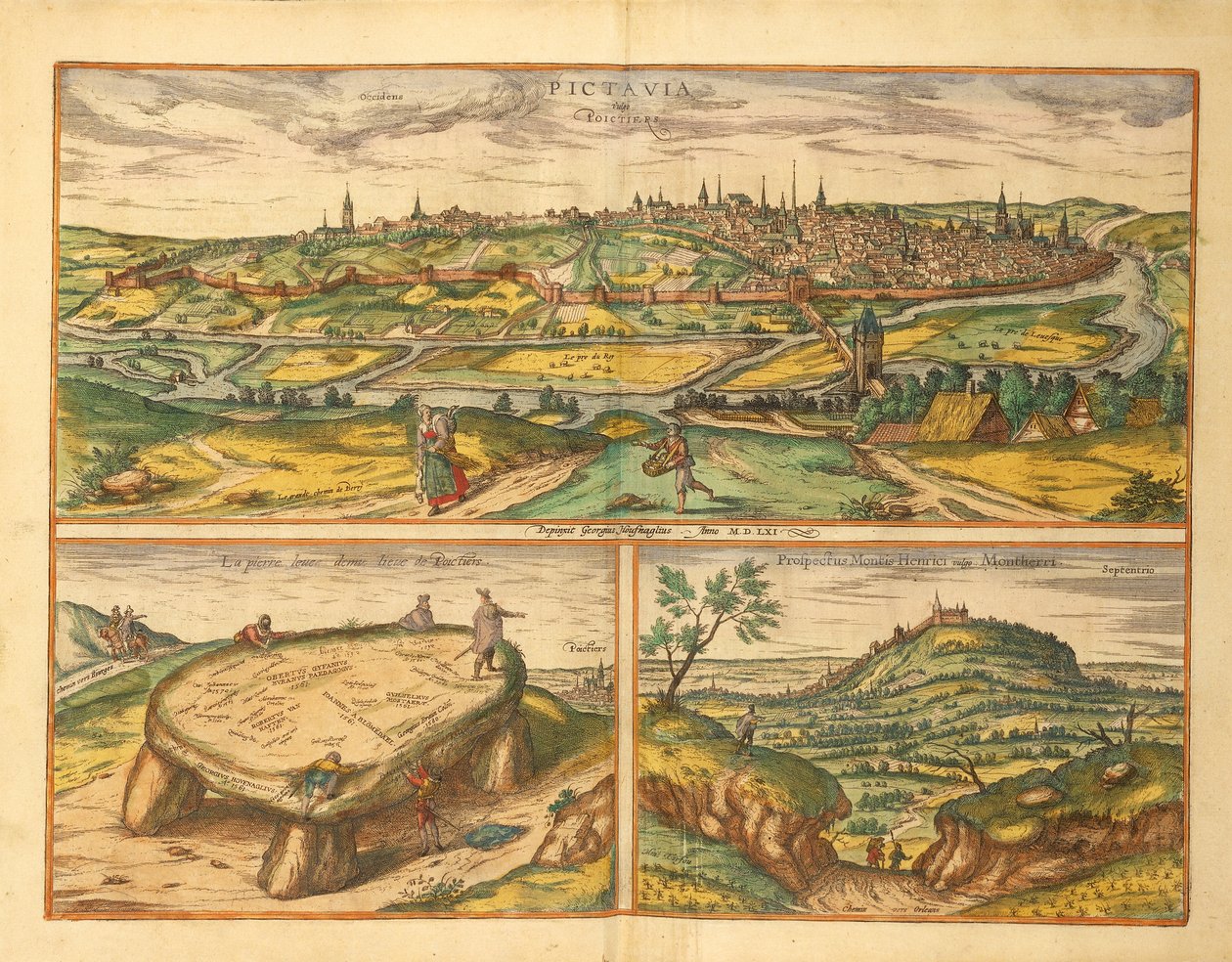 Dolmen Poitiers közelében, Poitiers és Montherre városa a Civitates Orbis Terrarumból, Georg Braun alkotó: Georg Braun and Hogenberg Franz