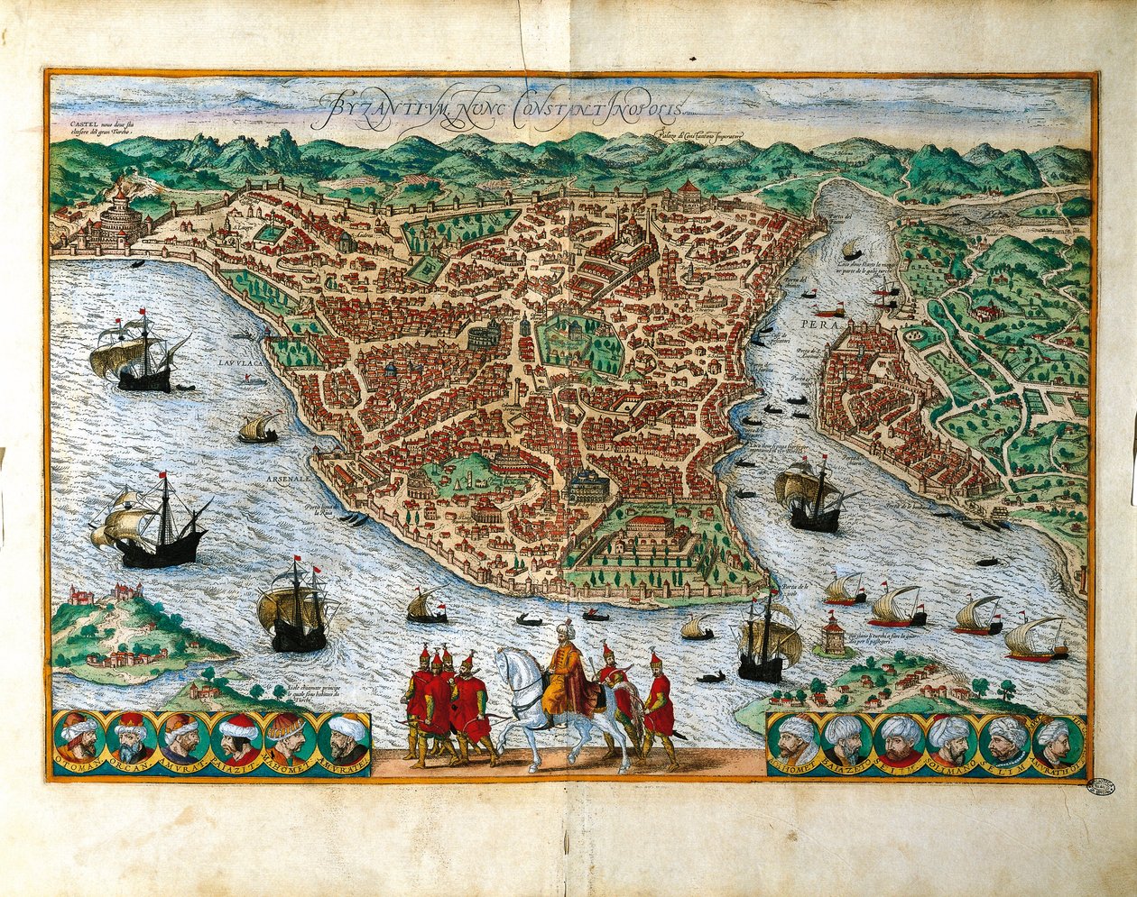 Olaszország, Milánó, Georg Braun (1541-1622) és Franz Hogenberg (1535-1590) Konstantinpólus városának perspektivikus képe, színes metszet alkotó: Georg Braun and Hogenberg Franz