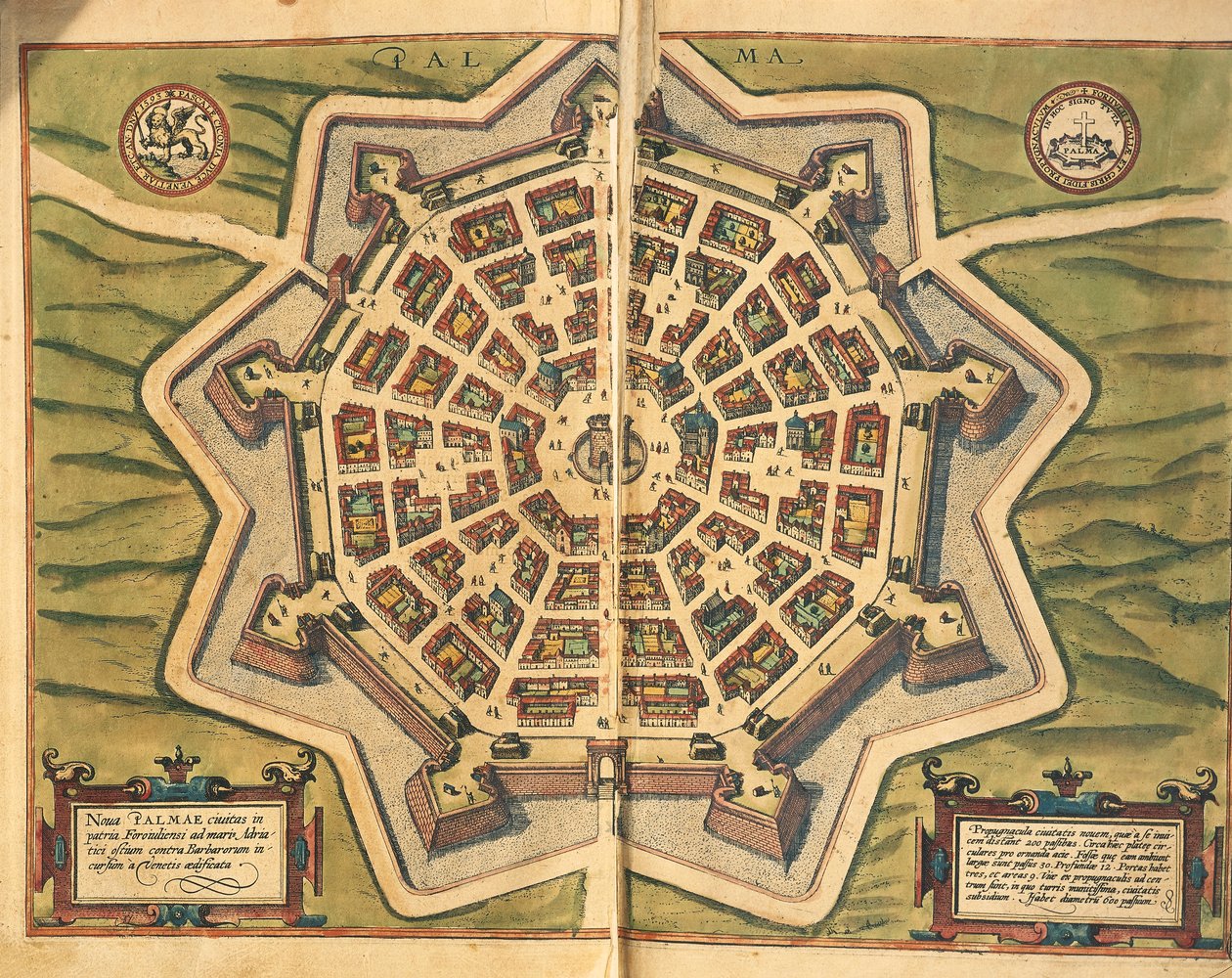 Olaszország, Palmanova, térkép, metszet a Civitates Orbis Terrarumból, Georg Braun és Franz Hogenberg, aktív Kölnben alkotó: Georg Braun and Hogenberg Franz