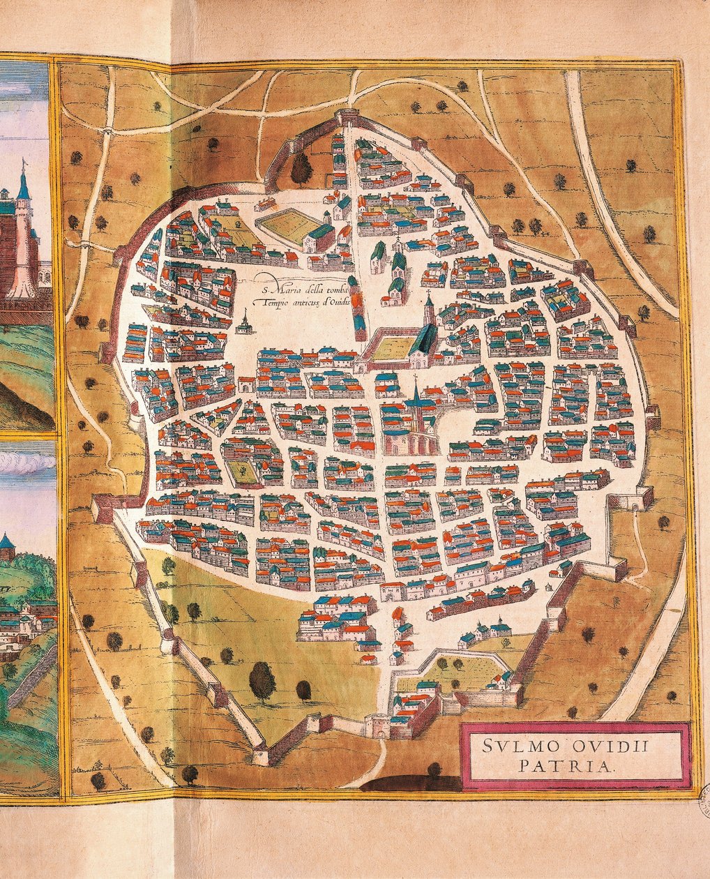 Olaszország, Sulmona, Sulmona városa Georg Braun és Franz Hogenberg Civitates Orbis Terrarum című művéből, metszet alkotó: Georg Braun and Hogenberg Franz