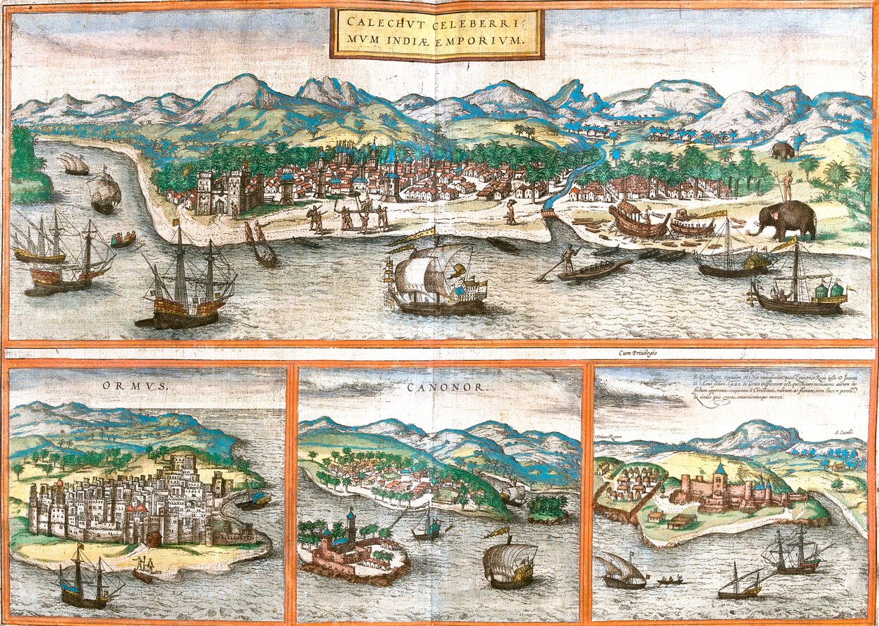 Kozhikode, Hormuz-sziget, Kannur, Elmina, India, Irán, Ghána, India, Irán. alkotó: Georg and Hogenberg Franz (1535 90) Braun