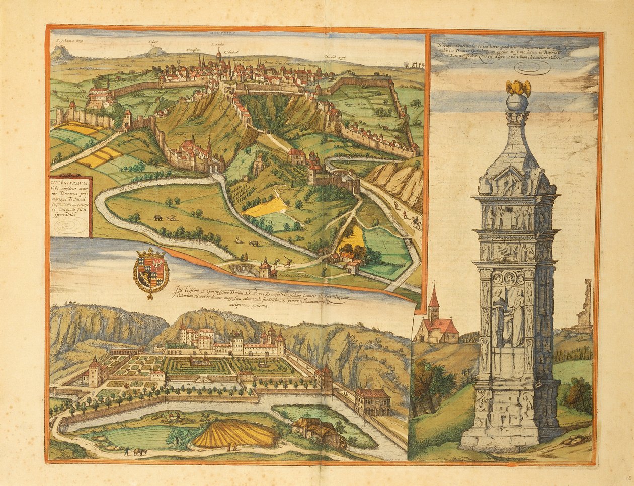 Luxemburg városa, a nagyhercegi palota és a Civitates Orbis Terrarum kőemlékműve, Georg Braun alkotó: Georg Braun and Hogenberg Franz