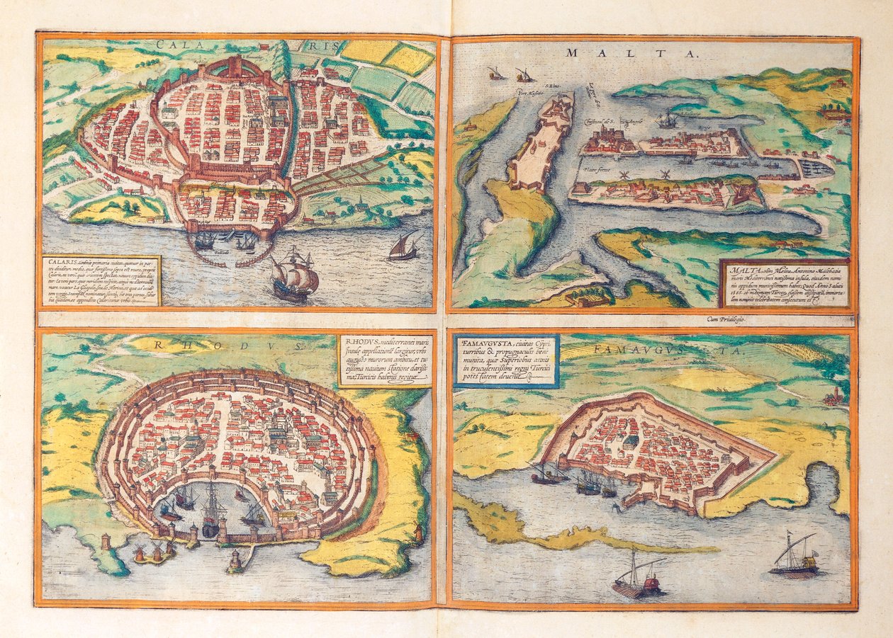 Cagliari, Málta, Rodosz és Famagusta térképe a második világháborúból, Georg Braun alkotó: Georg Braun and Hogenberg Franz