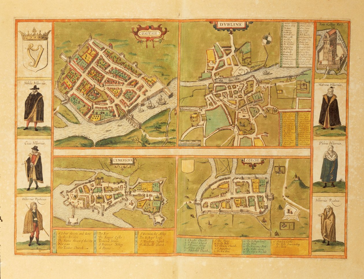 Galway, Dublin, Limerick és Cork térképe Georg Braun Civitates Orbis Terrarum című művéből alkotó: Georg Braun and Hogenberg Franz