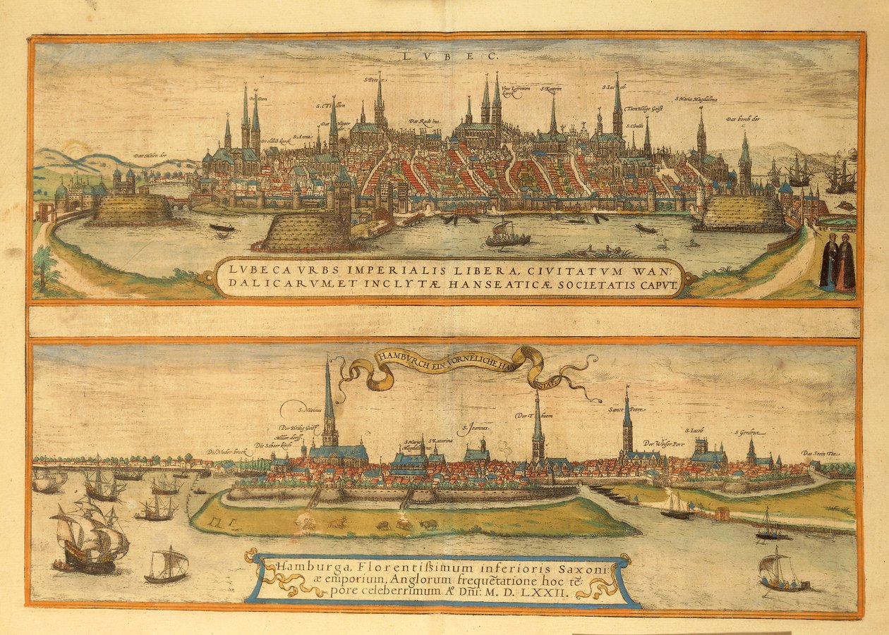 Lübeck és Hamburg térképe Georg Braun világtérképéről alkotó: Georg Braun and Hogenberg Franz