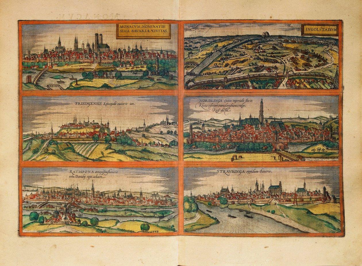 München, Ingolstadt, Freising, Nordlingen, Regensburg és Straubing, Németország térképe a Civitates Orbis Terrarumtól, Georg Braun alkotó: Georg Braun and Hogenberg Franz