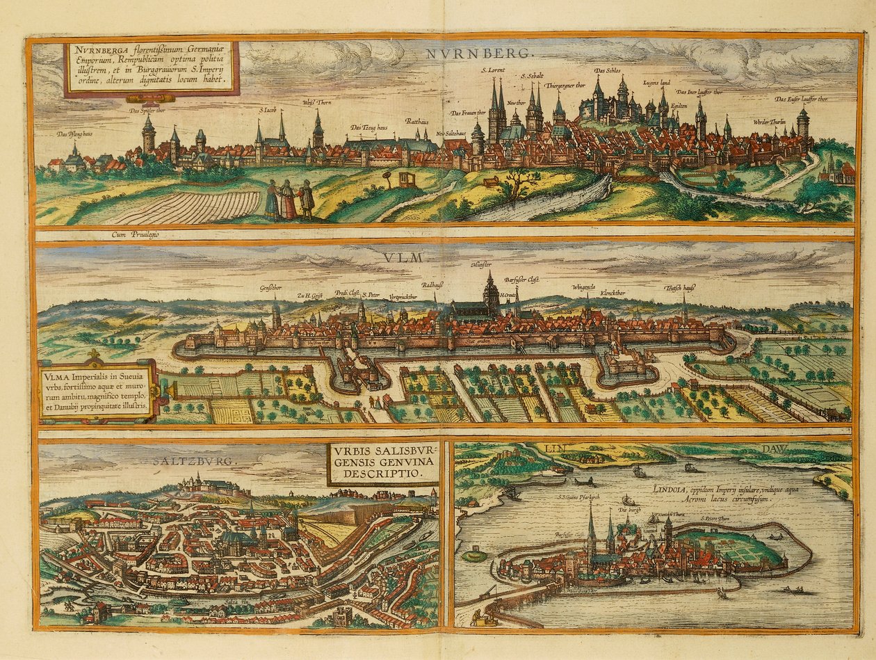 Nürnberg, Ulm, Salzburg és Lindau térképe a Civitates Orbis Terrarumból, Georg Braun alkotó: Georg Braun and Hogenberg Franz