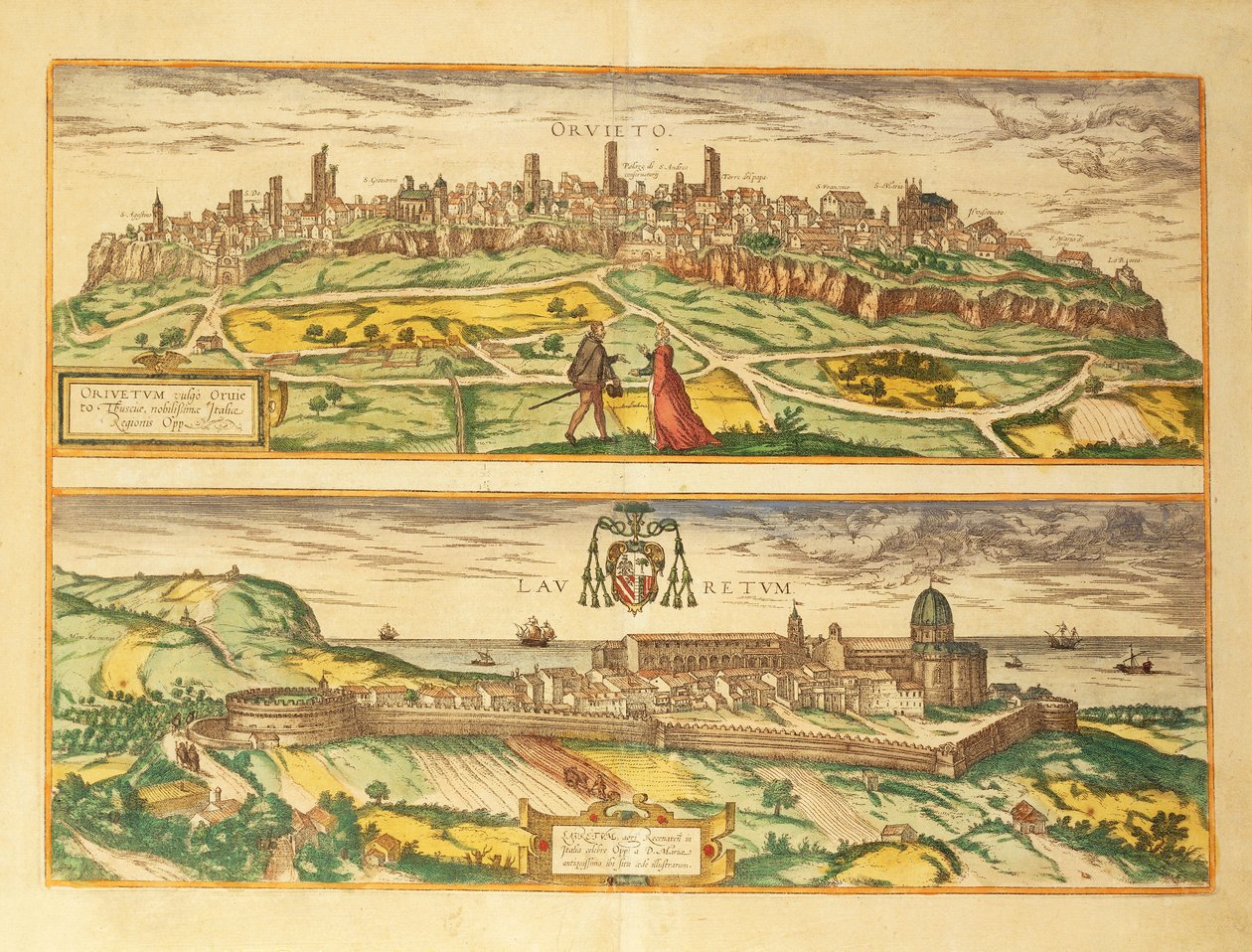 Orvieto és Loreto, Umbria és Marche régió térképe Georg Braun világtérképéről alkotó: Georg Braun and Hogenberg Franz