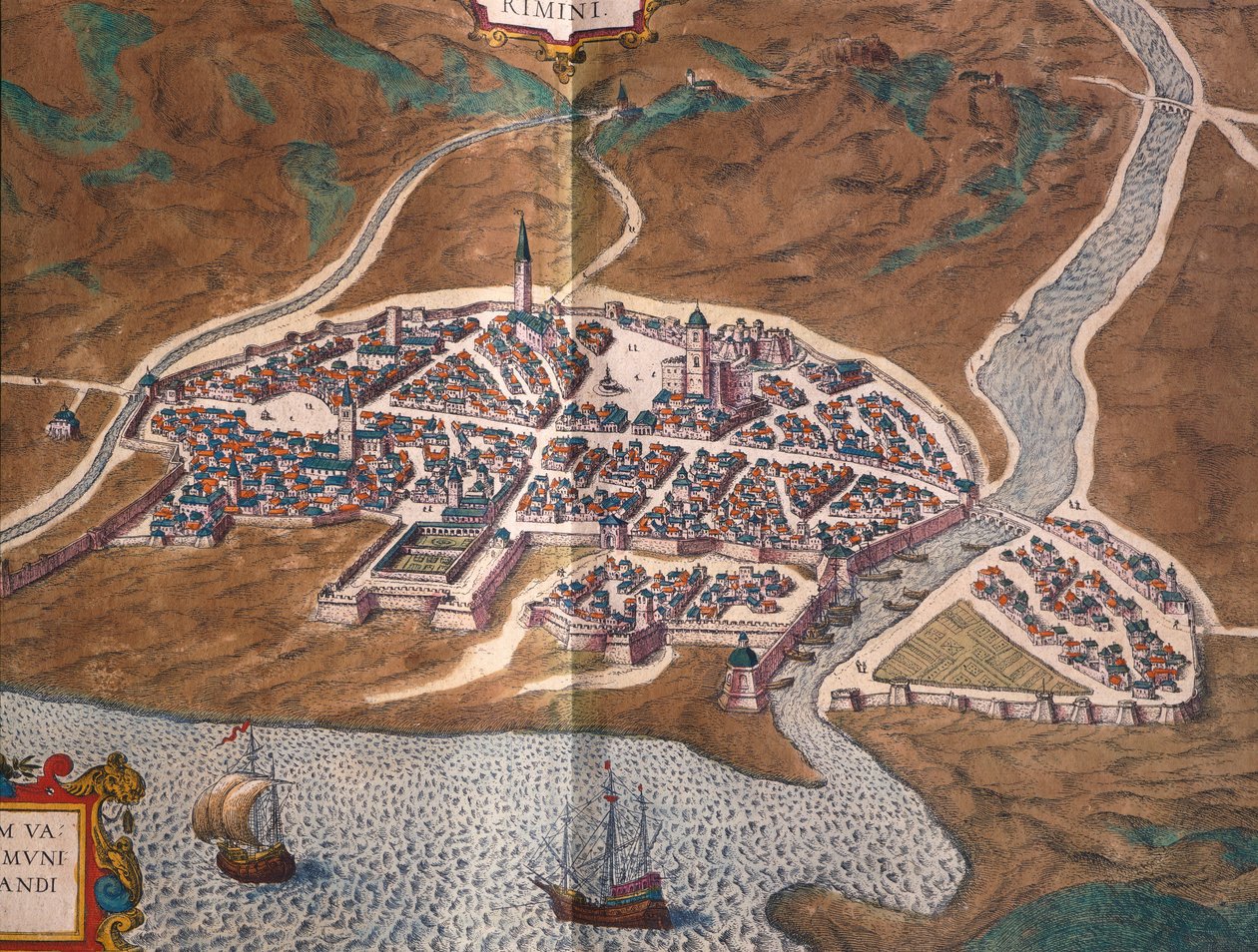Rimini térképe, Georg Braun és Franz Hogenberg, színes metszet, Civitates Orbis Terrarum, Olaszország alkotó: Georg Braun and Hogenberg Franz