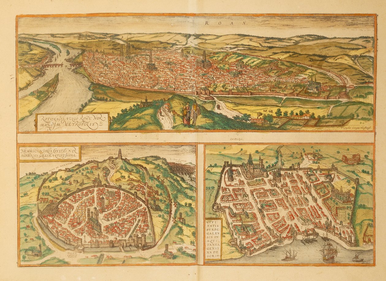 Rouen, Nimes és Bordeaux térképe a világ városaiból, Georg Braun alkotó: Georg Braun and Hogenberg Franz