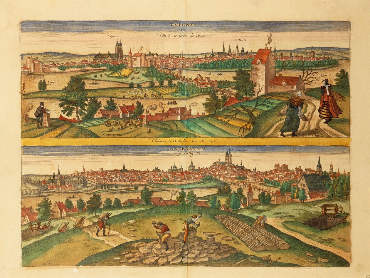 Tours és Angers térképe a világtérképről, Georg Braun alkotó: Georg Braun and Hogenberg Franz