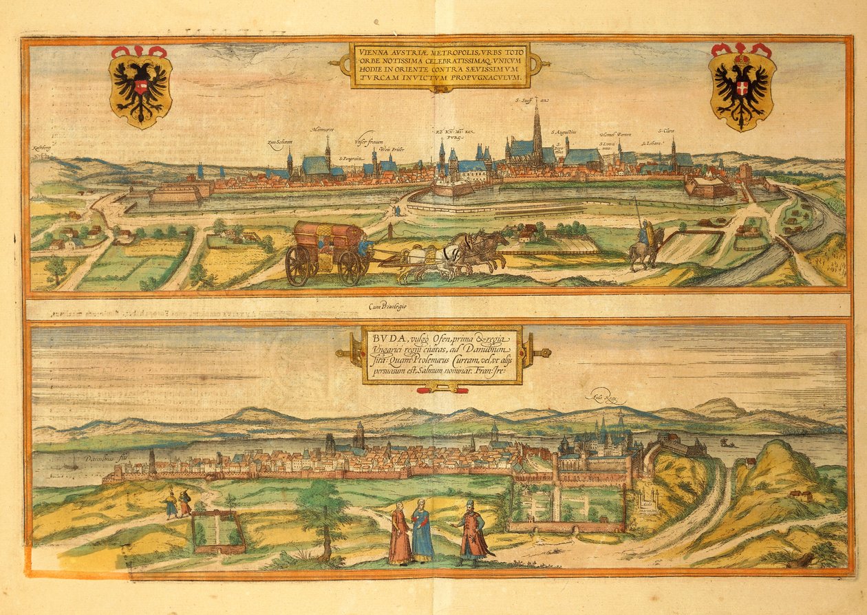 Bécs és Buda térképe a második világháborúból, Georg Braun alkotó: Georg Braun and Hogenberg Franz
