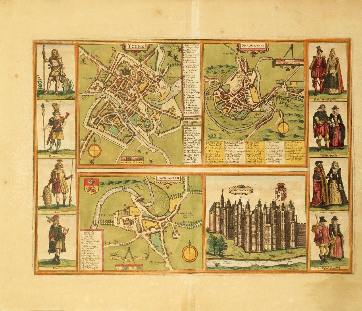 York, Shrewbury, Lancaster és Richmond kastély térképe a Civitates Orbis Terrarumból, George Braun alkotó: Georg Braun and Hogenberg Franz