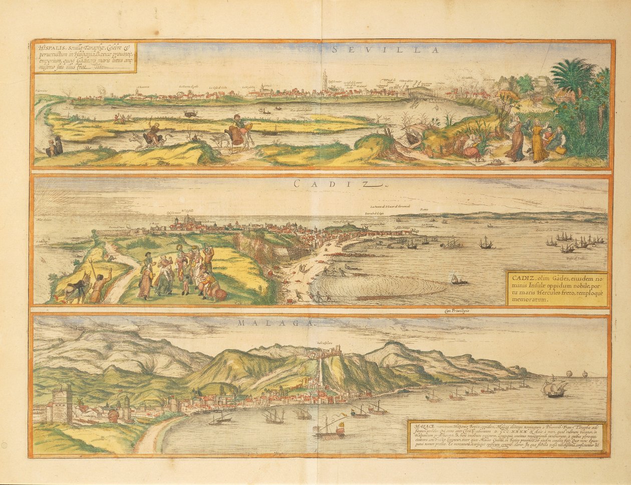 Sevilla, Cadiz és Malaga, Spanyolország térképe a Civitates Orbis Terrarumtól, Georg Braun alkotó: Georg Braun and Hogenberg Franz