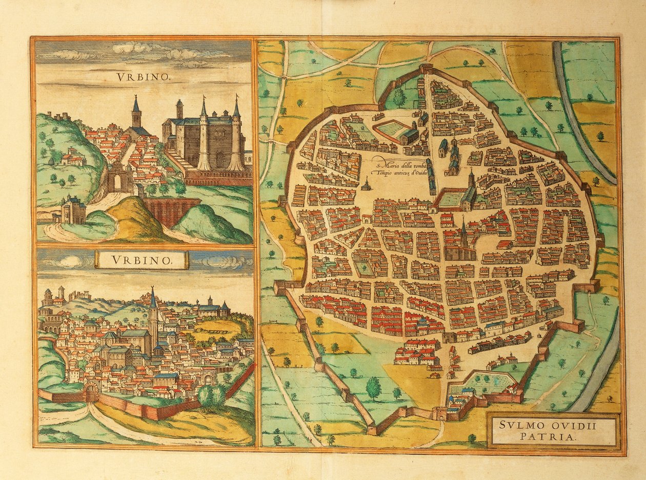 Az olaszországi Urbino és Sulmona térképe a Civitates Orbis Terrarumból, Georg Braun alkotó: Georg Braun and Hogenberg Franz