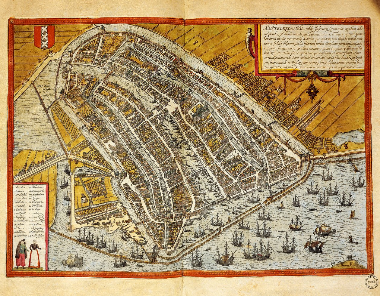 Hollandia, Amszterdam térképe a Civitates Orbis Terrarumból, Georg Braun (1541-1622) és Franz Hogenberg (1535-1590), metszet alkotó: Georg Braun and Hogenberg Franz