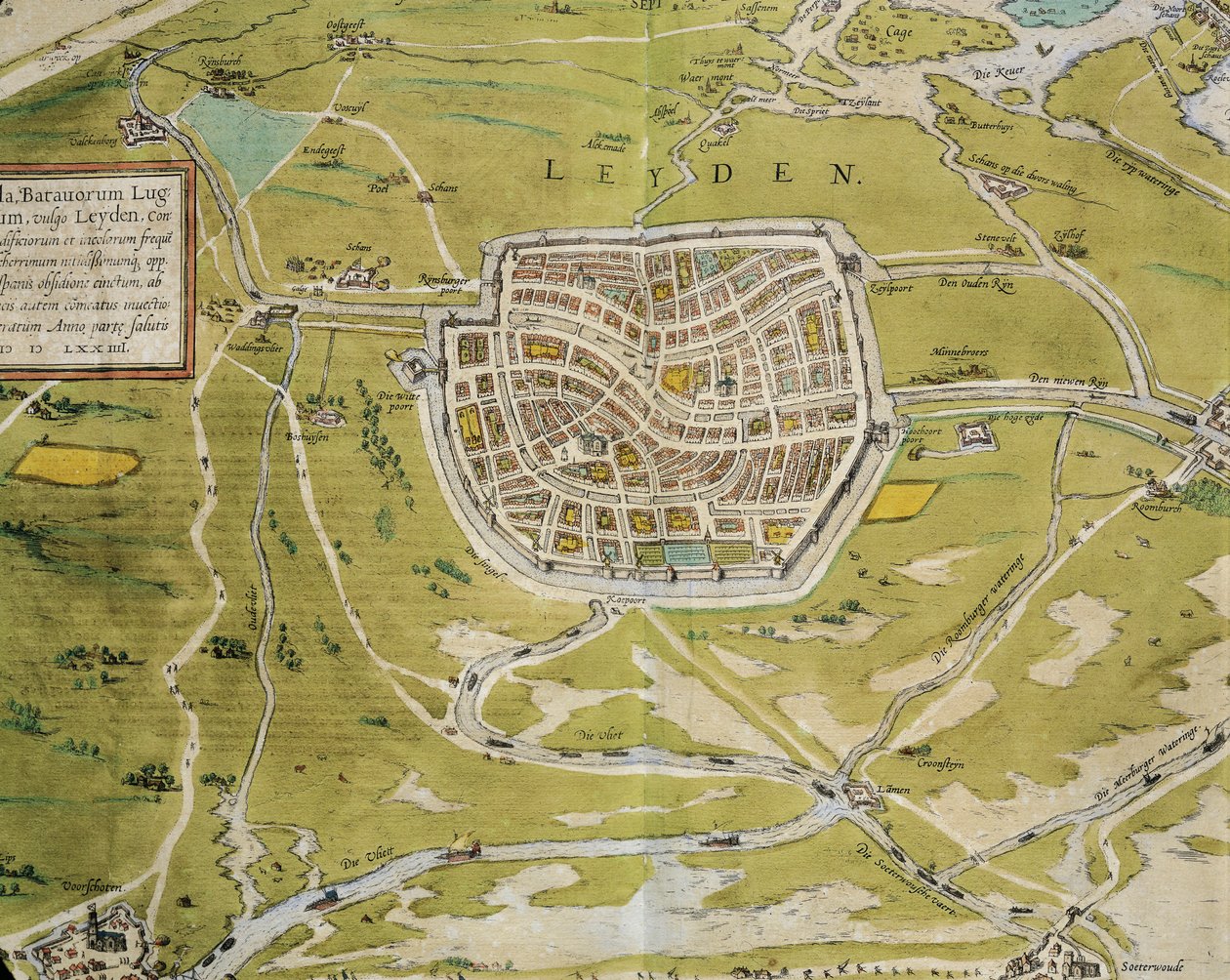 Hollandia, Leiden város és régió térképe a Civitates Orbis Terrarumból, Georg Braun (1541-1622) és Franz Hogenberg (1540-1590), Köln, metszet alkotó: Georg Braun and Hogenberg Franz