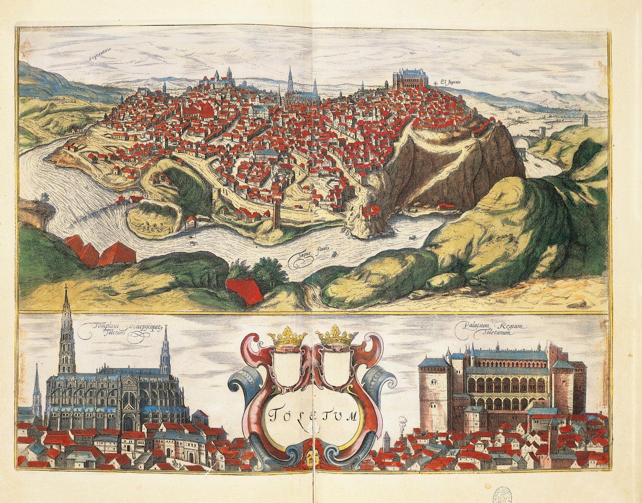 Spanyolország, Toledo, Toledo városa a Civitates Orbis Terrarumból, Georg Braun és Franz Hogenberg, metszet alkotó: Georg Braun and Hogenberg Franz
