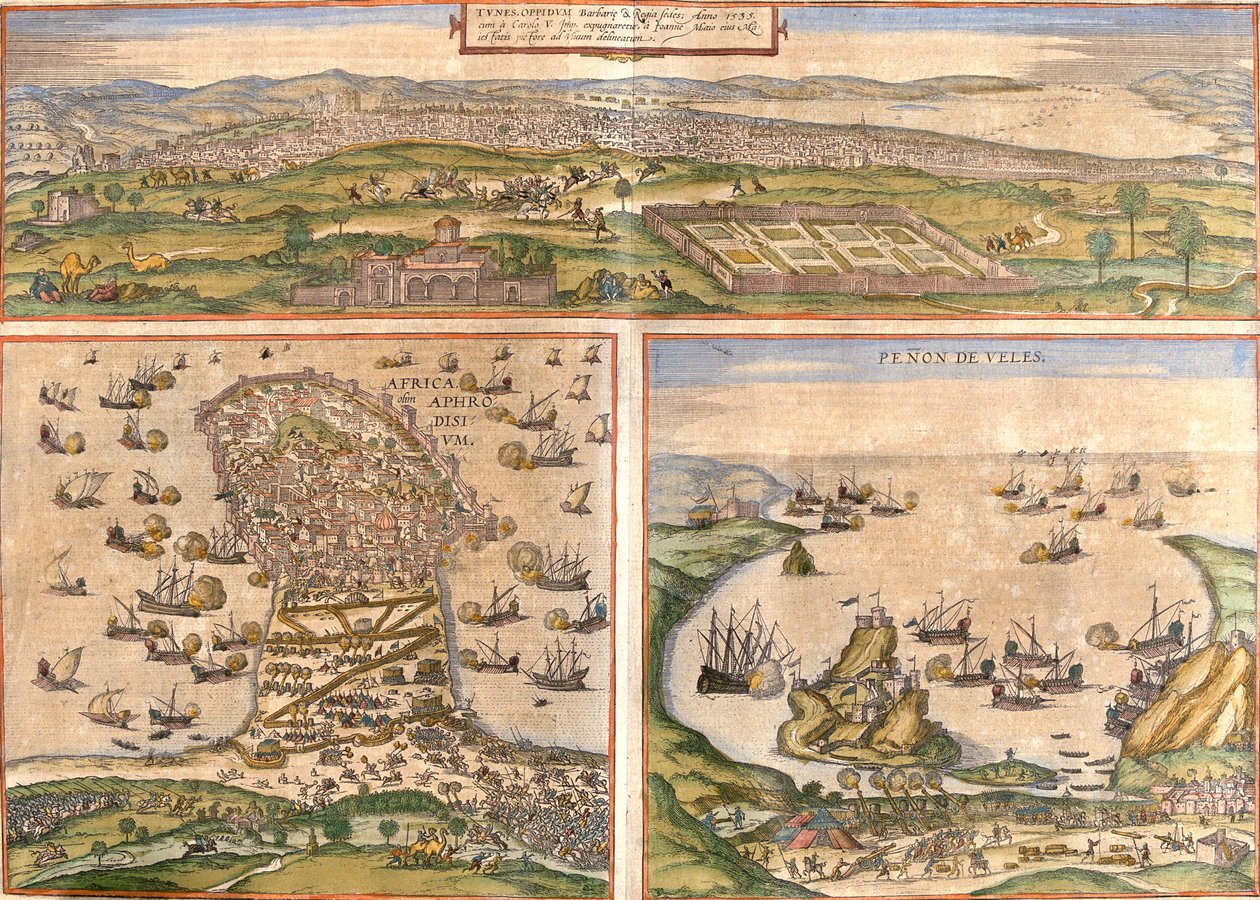 Tunisz, Mahdia, Peñón de Vélez de la Gomera, Tunézia, Spanyolország, Marokkó alkotó: Georg and Hogenberg Franz (1535 90) Braun