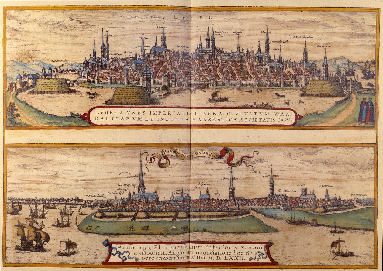 Lübeck városának felülnézetében, Hamburg városa alatt Németországban. Metszet „Braun és Hogenberg” atlaszából, 1572 alkotó: Georg Braun and Hogenberg Franz