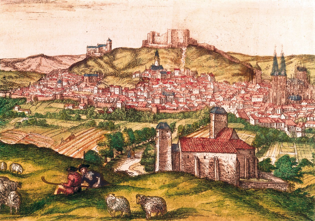 Burgos város Spanyolországban, pásztorokkal és birkacsordával az előtérben (1576). Gravírozás Civitatis Orbis Terrarumba, alkotó: Georg Braun and Hogenberg Franz