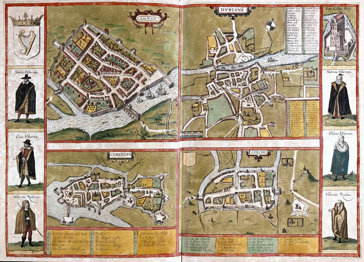 Galway, Dublin, Limerick és Cork, Írország (metszet alkotó: Georg Braun and Hogenberg Franz