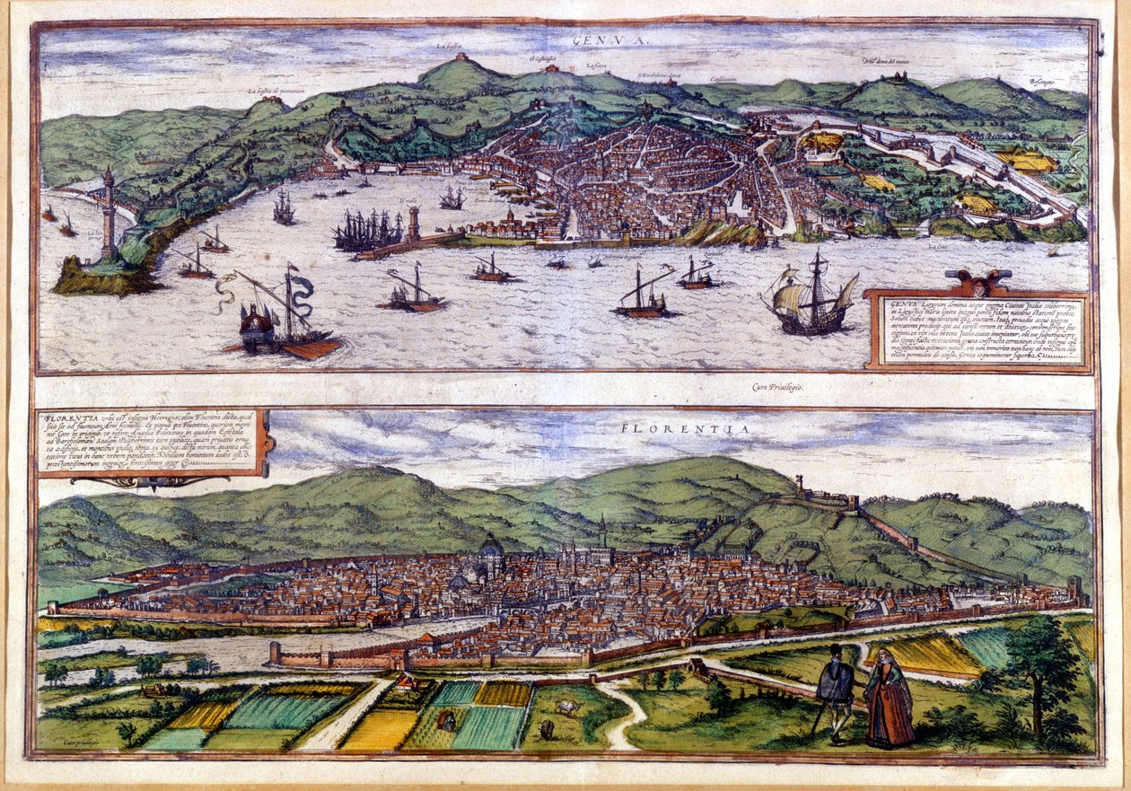 Gének (fent) és Firenze (lent) Madárnézet a Braun és Hogenberg atlaszról. 1550. alkotó: Georg Braun and Hogenberg Franz
