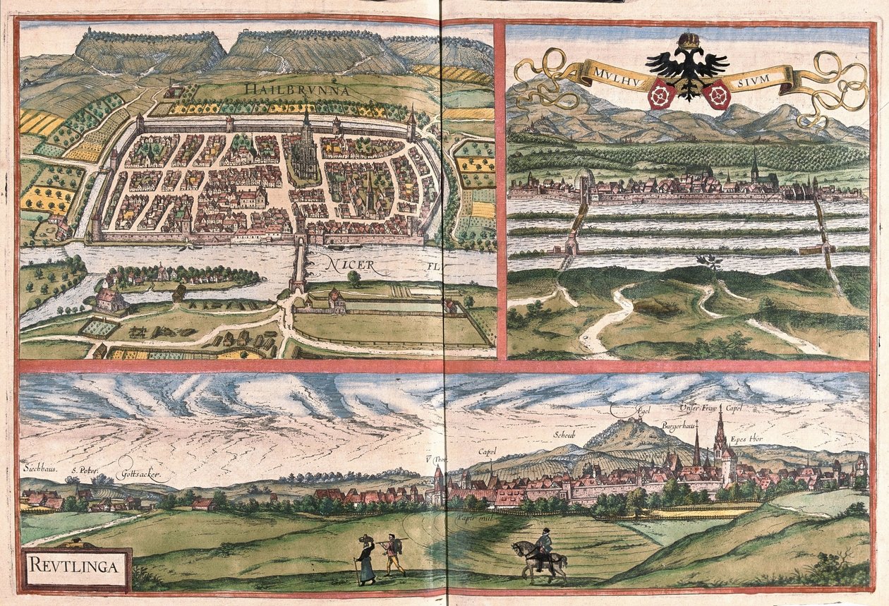 Heilbronn (Németország), Mulhouse (Franciaország) és Reutlingen (Németország) (metszet) alkotó: Georg Braun and Hogenberg Franz