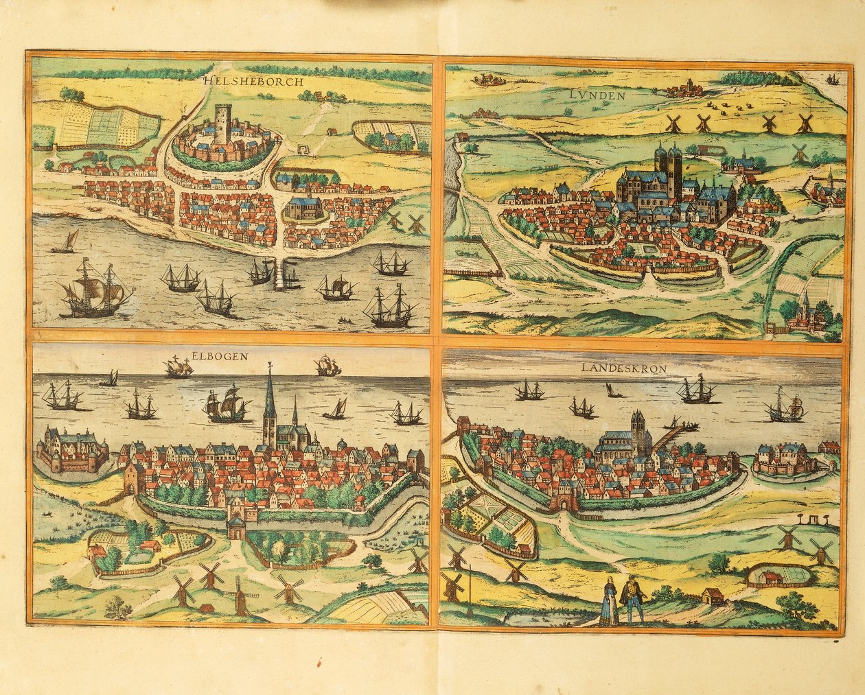 Helsingborg, Lund, Malmö, Elbogen és Landskrona, Kölnből alkotó: Georg Braun and Hogenberg Franz