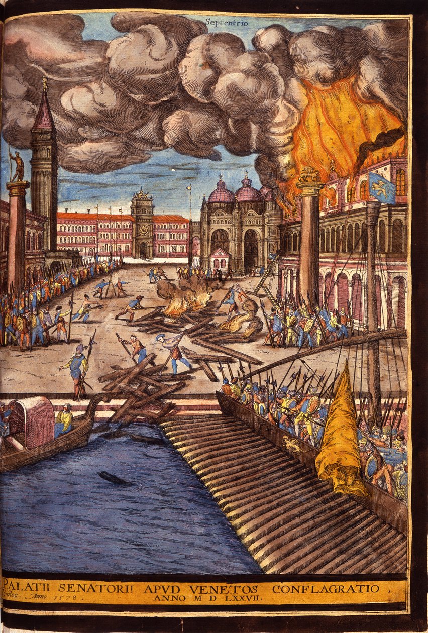 A hercegi palota nagy tüze a velencei Szent Márk téren 1577-ben. Braun György metszete a „Civitatis Orbis Terrarum” I. kötetében, Franz Hogenberg (1535-1590) alkotó: Georg Braun and Hogenberg Franz