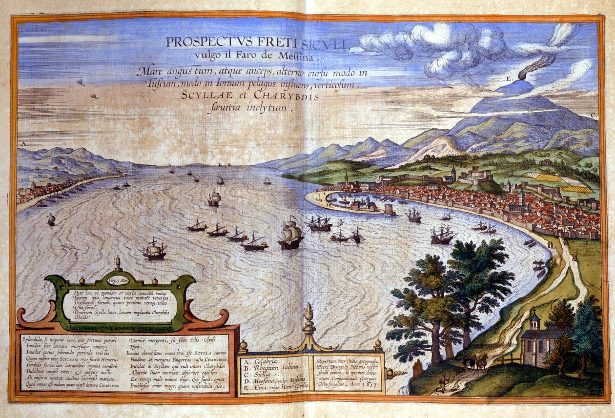 A Messinai-szoros - Calabria a bal oldalon, míg a Messina és az Etna a jobb oldalon található Szicíliában. Atlas de Braun és Hogenberg alkotó: Georg Braun and Hogenberg Franz